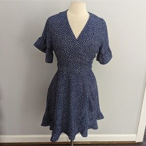 AQUA— Size M, Blue White Polka Dot Wrap Dress Ruffle